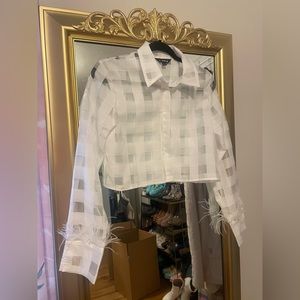 Sheer Feather Sleeved Button Down